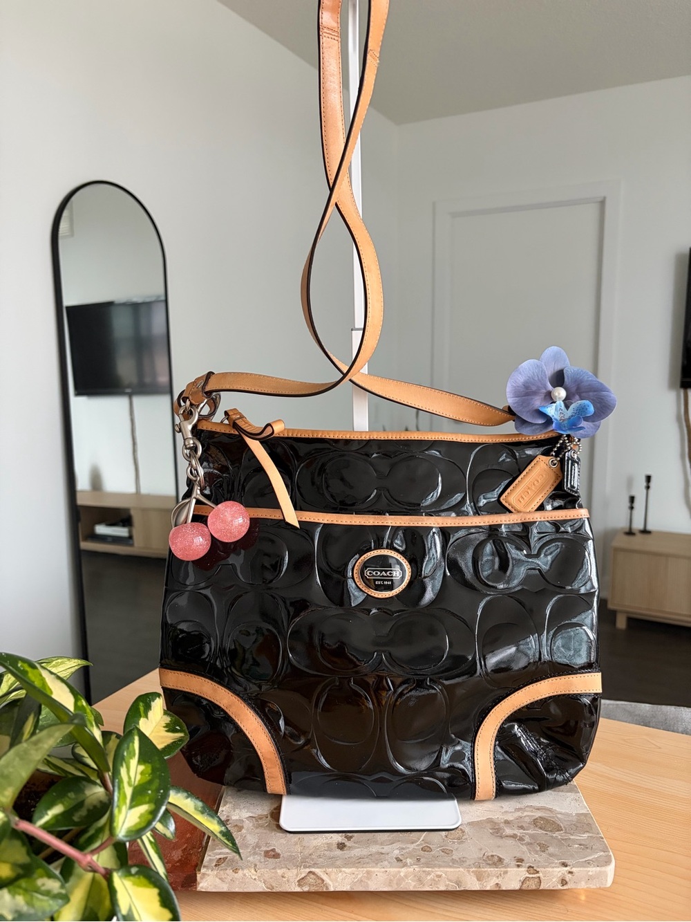 Coach Black Patent Shoulder Bag with Tan Trim